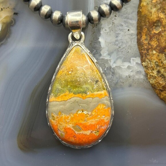 Sterling Southwestern Style Wide Teardrop Bumblebee Jasper Decorated Pendant - Picture 1 of 10